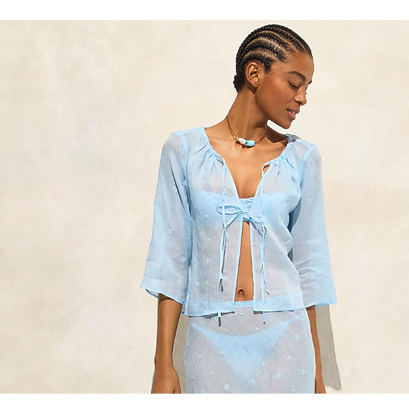 J Crew Tie Front Eyelet Top In Ramie XS Sheer Blue Preppy Flaws - Picture 1 of 15
